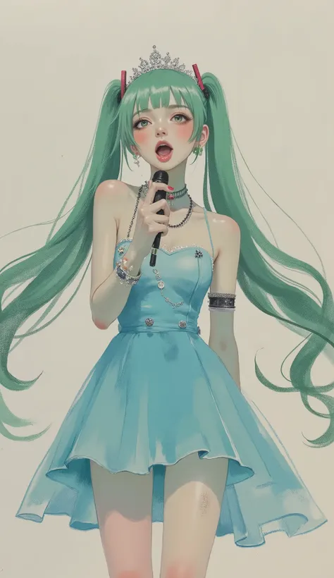 taken from above、Aerial photography、Close up of a woman singing with a retro microphone in her hand 、upper body,Hatsune Miklace Light Blue Sleeveless Dress、Transparent chest、twin tail、 green hair、tiara、Diva、poster art ,screen print poster, Graphic Novel Co...