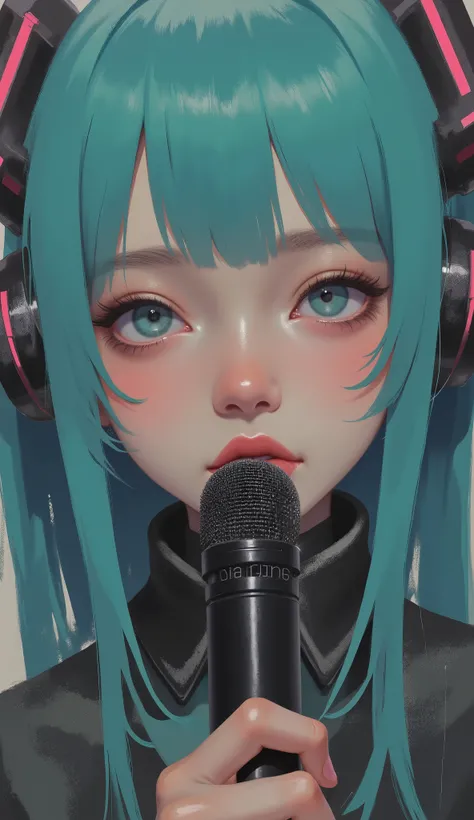 Close up of a person holding a microphone, vocaloid, Hatsune Miku, portrait of Hatsune Miku, miku, HD artwork, Mikudayo, Hatsune Miku short hair, Hatsune Miku portrait, file, Hatsune Miku in warhammer 40k, Nightcore, zerochan Art, High Definition Anime A...