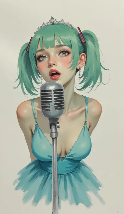 taken from above、Aerial photography、Close up of a woman singing with a retro microphone in her hand 、upper body,Hatsune Miklace Light Blue Sleeveless Dress、Transparent chest、Very Big Breasts、twin tail、 green hair、tiara、Diva、poster art ,screen print poster,...