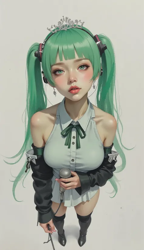 taken from above、Aerial photography、Close up of a woman singing with a retro microphone in her hand 、upper body,Hatsune Miku、light pink lips、Lace black sleeveless dress、Transparent chest、Very Big Breasts、twin tail、 green hair、tiara、Diva、poster art ,screen ...