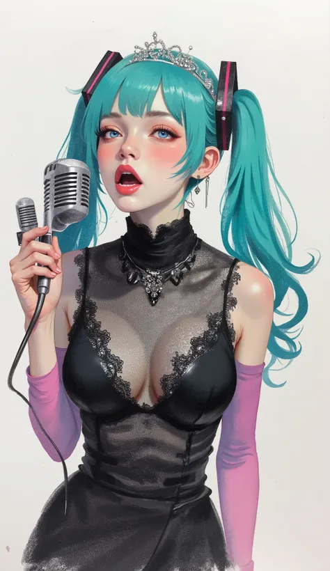 taken from above、Aerial photography、Super close up of a woman singing with a retro microphone in her hand 、upper body,Hatsune Miku、light pink lips、Lace black sleeveless dress、Transparent chest、Very Big Breasts、twin tail、 green hair、tiara、Diva、poster art ,s...