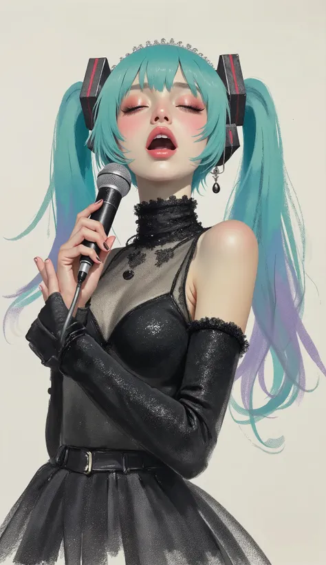 taken from above、Aerial photography、Super close up of a woman singing with a retro microphone in her hand 、upper body,Hatsune Miku、light pink lips、Lace black sleeveless dress、Transparent chest、Very Big Breasts、twin tail、 green hair、tiara、Diva、poster art ,s...