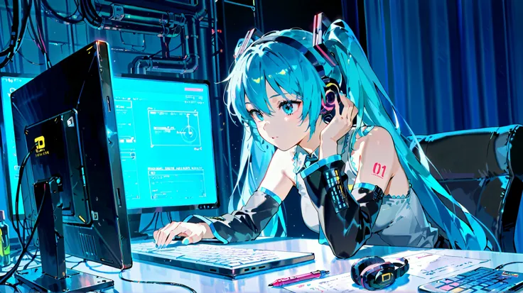 Hatsune Miku, How to make individual headphones scattered green,hacker,sit at the desk,While working on a computer,neon light,Cinematic,cyberpunk,plush penguin