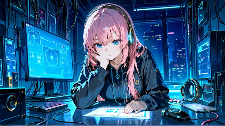Megurine Luka, How to make individual headphones scattered green,hacker,sit at the desk,While working on a computer,neon light,Cinematic,cyberpunk,plush penguin