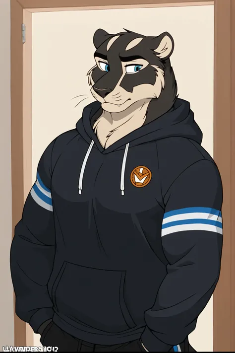 furry,anthro,panne,pantaro,black_panther,black_body,(male),(1boy),BLUE_EYES,hyper_biceps,hoodie white,stripe_blue,hair_lavander_long,
