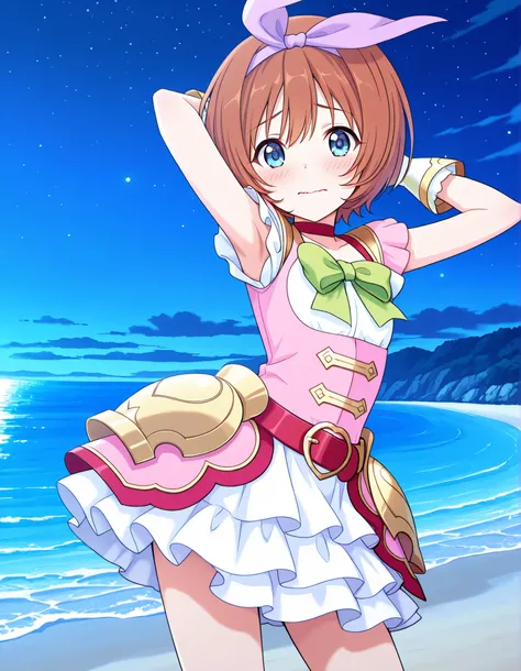 pcrkrmi, short hair, brown hair, hairband, hair ribbon, blue eyes, pkrmdef, purple ribbon, short sleeves, pink dress, white shirt, green bowtie, red choker, red belt, hip armor, white gloves, white skirt, layered skirt, anime screencap, high quality, solo,...