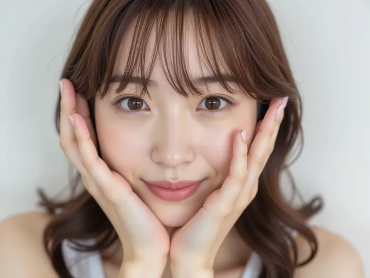 (Refined from an old photo, recreated in a modern, ultra high-quality photorealistic style, with a trendy Reiwa-era hairstyle: soft semi-long hair with natural waves and airy see-through bangs), 
Ultra photorealistic close-up portrait of a beautiful Japane...