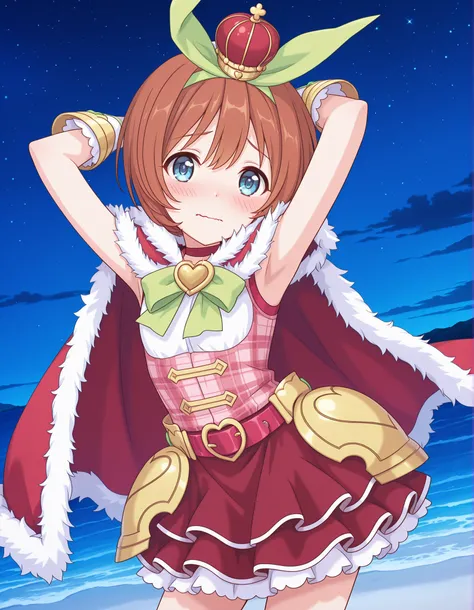 pcrkrmi, short hair, brown hair, hairband, hair ribbon, blue eyes, pkrmmas, green ribbon, crown, fur-trimmed cape, red cape, green bowtie, heart brooch, white shirt, plaid shirt, red shirt, red belt, hip armor, white gloves, dark red skirt, white skirt, la...