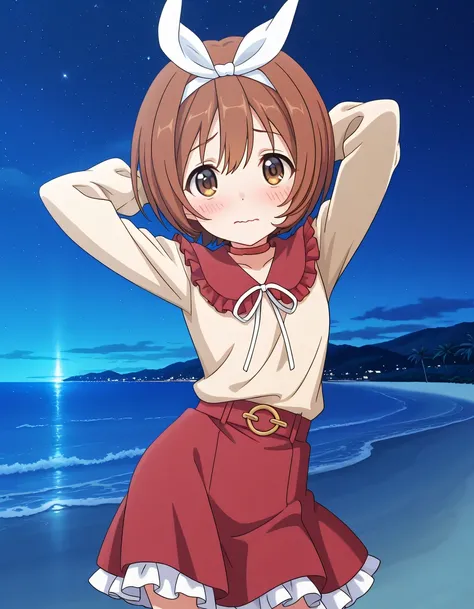 rlpkrmi, short hair, brown hair, hairband, hair ribbon, brown eyes, white ribbon, frilled shirt collar, red collar, beige shirt, long sleeves, red skirt, frilled skirt, white frills, anime screencap, high quality, solo, night sky, beach, armpits, (hands be...