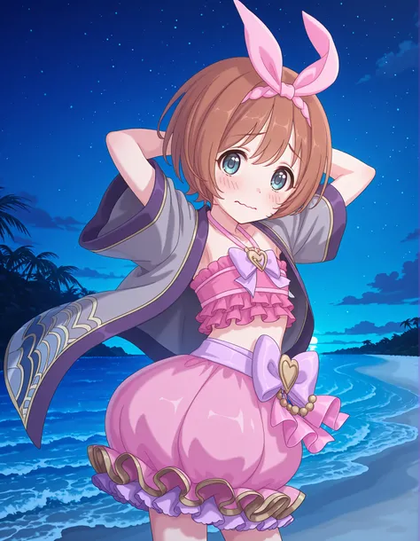 pcrkrmi, short hair, brown hair, hairband, hair ribbon, blue eyes, pkrmstg, pink ribbon, pink crop top, halterneck, happi, grey jacket, dress bow, purple bow, bubble skirt, frilled dress, anime screencap, high quality, solo, night sky, beach, armpits, (han...