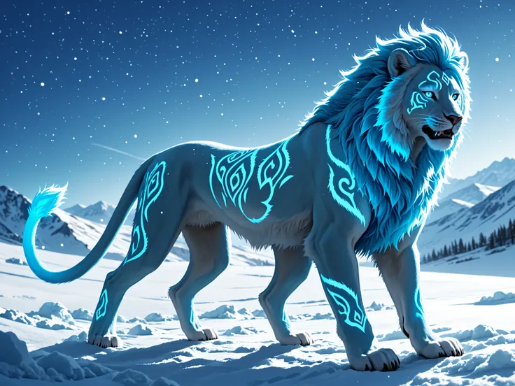 Bright blue neon lion on snowy background