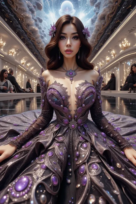 A high-resolution, detailed 3D rendering style. A young woman with big bobs, adorned in a lavish gown, strapless dress, is seated against the backdrop of an elegant, tufted sofa. Her gown is striking, with a shimmering bodice adorned with silver trim leadi...