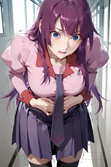 hitagi senjougahara, long hair, hime cut, purple hair, blue eyes, long sleeves, puffy sleeves, pink shirt, untucked shirt, breast pocket, purple tie, purple skirt, pleated skirt, black thighhighs, half body shot, full face,
Solo, General, masterpiece, hig...