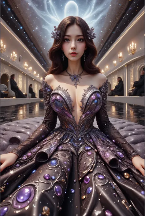 A high-resolution, detailed 3D rendering style. A young woman with big bobs, adorned in a lavish gown, strapless dress, is seated against the backdrop of an elegant, tufted sofa. Her gown is striking, with a shimmering bodice adorned with silver trim leadi...