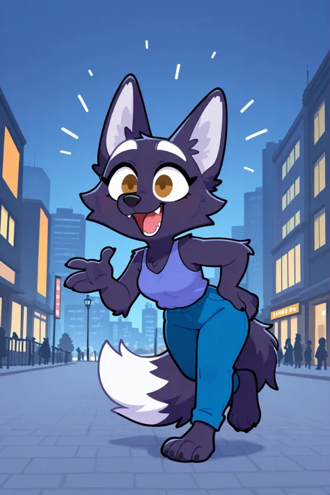 an indigo wolf walking in the park at morning wearing a blue hoode and blue pants, city background, happy expression, white eyebrows.