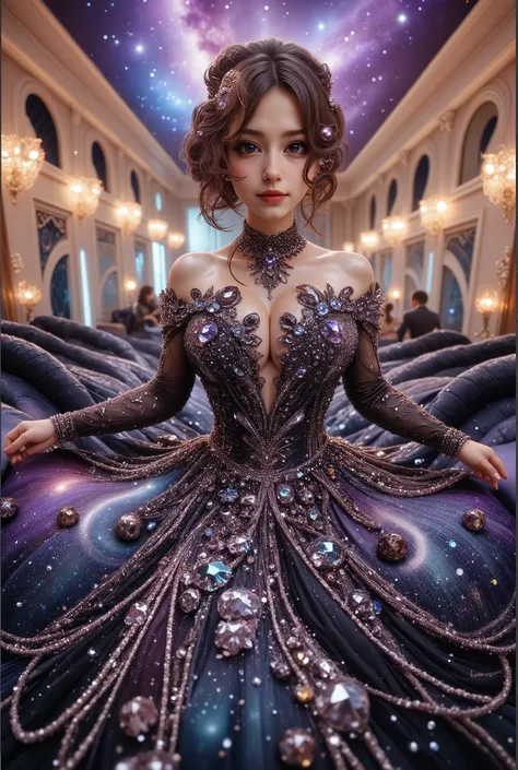 A high-resolution, detailed 3D rendering style. A young woman with big bobs, adorned in a lavish gown, strapless dress, is seated against the backdrop of an elegant, tufted sofa. Her gown is striking, with a shimmering bodice adorned with silver trim leadi...