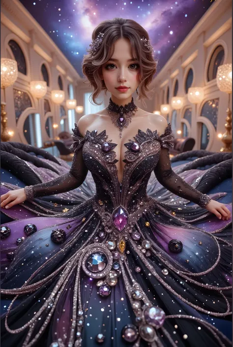 A high-resolution, detailed 3D rendering style. A young woman with big bobs, adorned in a lavish gown, strapless dress, is seated against the backdrop of an elegant, tufted sofa. Her gown is striking, with a shimmering bodice adorned with silver trim leadi...