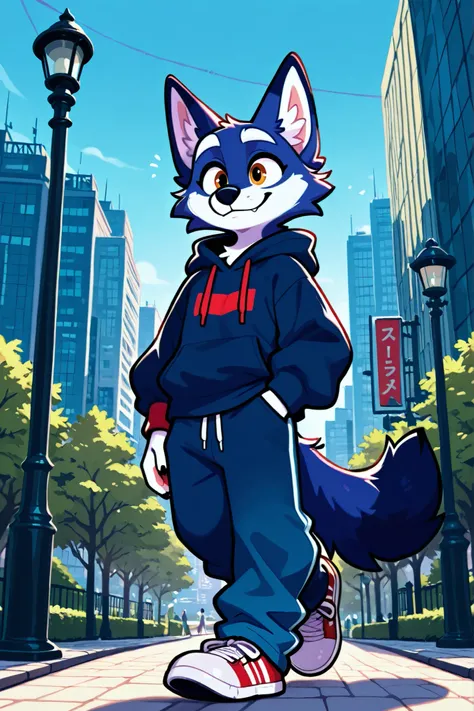 an indigo wolf walking in the park at morning wearing a blue hoode and blue pants, city background, happy expression, white eyebrows.