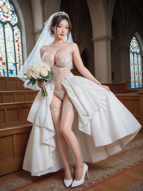 Highest Quality, masterpiece,watch viewers,Soft Touch,Delicate Body Curves,Realistic Human Body,Armpit,sweat,Beautiful woman wearing transparent wedding dress with jewels and high heels,church,Beautiful Slender Legs ,BIG BREASTS,薬指に指輪,holding a bouquet on ...
