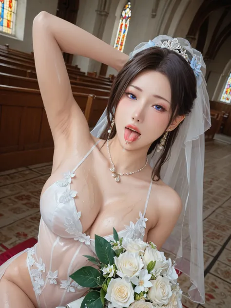 Highest Quality, masterpiece,watch viewers,Soft Touch,Delicate Body Curves,Realistic Human Body,Armpit,sweat,wet skin,(drooling from the mouth,Drooling from the mouth,open your mouth and stick out your tongue),Beautiful woman wearing transparent wedding dr...
