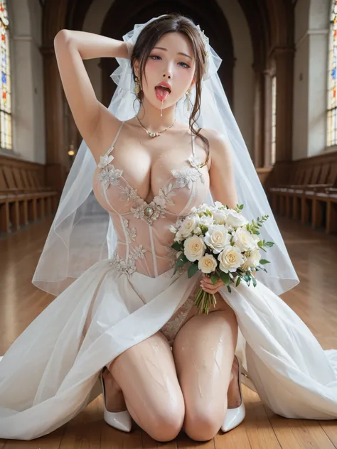 Highest Quality, masterpiece,watch viewers,Soft Touch,Delicate Body Curves,Realistic Human Body,Armpit,sweat,wet skin,(drooling from the mouth,Drooling from the mouth,open your mouth and stick out your tongue),Beautiful woman wearing transparent wedding dr...
