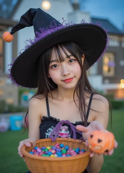 Japanese women in technical writing、Fairyland、 happy halloween 、Witch Hat、Cute Woman Who Cosplayed for Halloween、with sex appeal、Fairytale house with white clay walls、Grass garden、Moonlit Night、Colourful and big candies are falling in the garden、3D,high im...