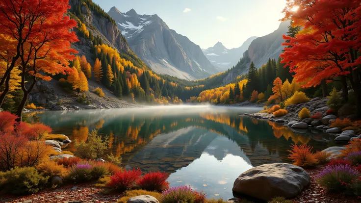 Photorealistic autumn paradise landscape featuring pristine mirror lake reflecting spectacular fall colors, expansive alpine lake with perfect reflective surface creating complete mirror image of surrounding autumn scenery with flawless detail in reflectio...