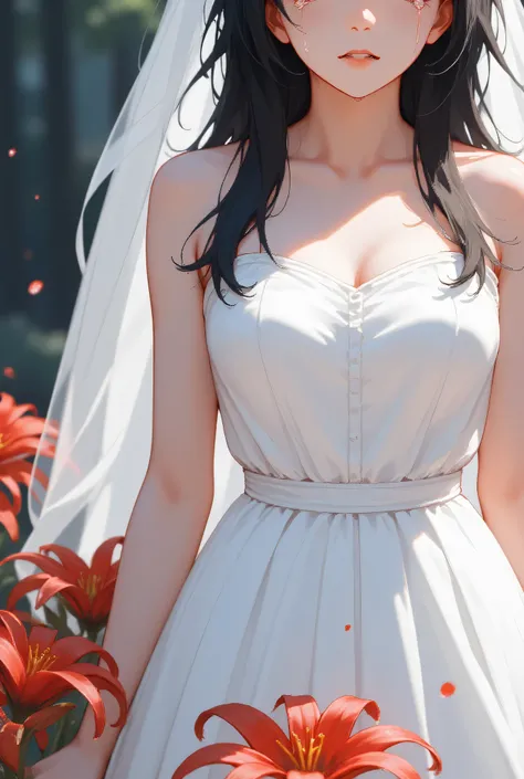 photorealistic, solo, 1 girl, black hair, red lips, white bridal veil, white wedding dress, crying, (tears:1.2), closed mouth, arms at sides, (eyes out of frame:1.2), cropped eyes, straight-on, cowboy shot, red spider-lily,