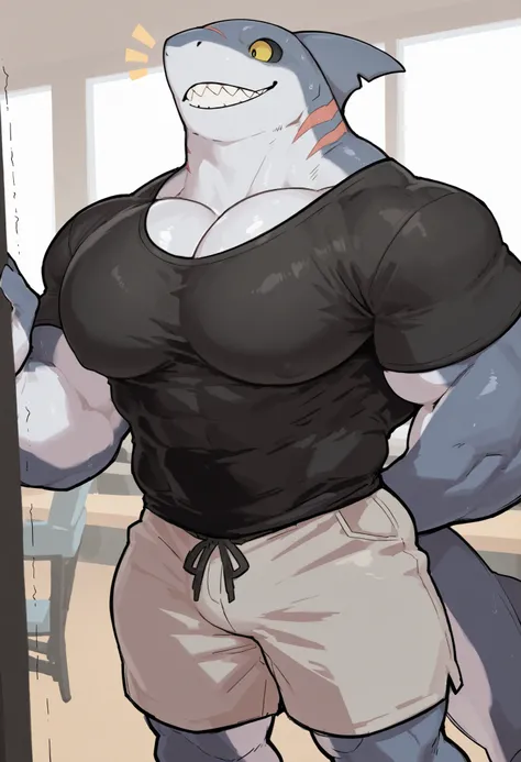score_9, score_8_up, score_7_up, anthro shark, muscler male, big pecs, shorts, working out in the park, black T-shirt