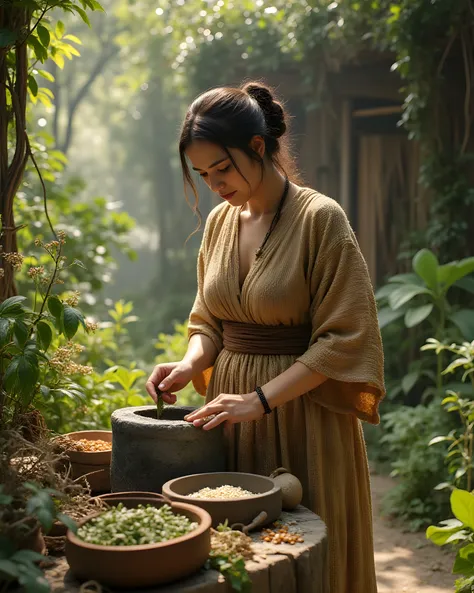 Primitive age era, (Stone primitive age era:1.6), ((Realistic cinematography ultra-wide depth intense details of realistically precise scenery herbalism garden)),orderly herbal garden on the background,a detailed of germanic female herbalist,holding and gr...