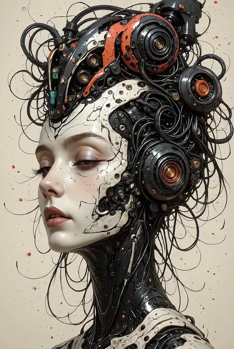 This digital work of art represents a kind of sci-fi scene of the future.The work shows a close-up of a woman's face, her eyes tightly closed, and her head tilted back, as if she were at rest.The woman's head is covered with intricate patterns and ornament...