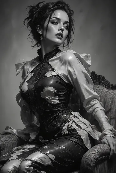 This black-and-white photograph captures a sophisticated woman in a vintage style, likely from the mid-20th century. She is seated, leaning slightly to her left, with her left arm resting on a striped chair. Her posture is elegant and relaxed, with her hea...