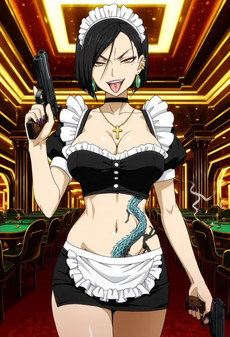 masterpiece, best quality, amazing quality,, aria sanka, short hair, , black hair, mole, mole under eye, makeup, mature female,, anime screencap, , jewelry, earrings, necklace,, lipstick, , slooking at viewer, holding, holding cigarrette, smoking, nail p...