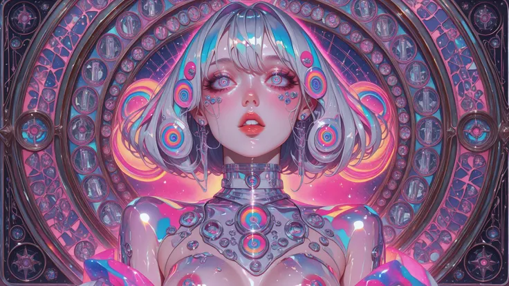 nsfw、nipple,One girl, Medium Hair, silver hair, (nude:1.2), with large expressive eyes, (highly detailed trippy spiral pupils:1.2), extremely detailed eyes, straw in mouth, Beautiful fine details, Beautiful lip detail, Beautifully detailed face, Long eyela...