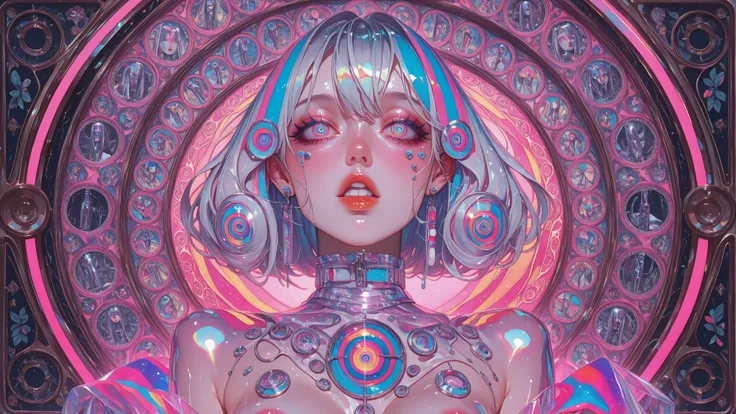 nsfw、nipple,One girl, Medium Hair, silver hair, (nude:1.2), with large expressive eyes, (highly detailed trippy spiral pupils:1.2), extremely detailed eyes, straw in mouth, Beautiful fine details, Beautiful lip detail, Beautifully detailed face, Long eyela...