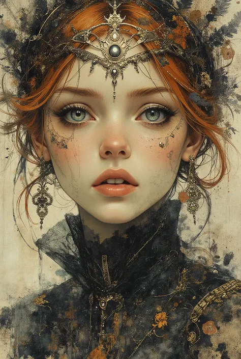 WLOP masterpiece, aerial overhead shot, 3/4 view, full face view, close up of a young ginger haired woman, action pose, open lips, dreamy gothic girl, empathic blue eyes, double exposure, elegant render, mistress, photoshop render, ebony rococo, elegant gi...