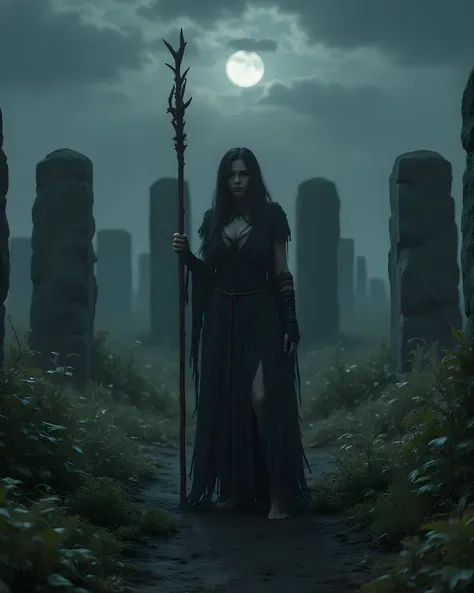 Primitive age era, (Stone primitive age era:1.6), ((Realistic cinematography ultra-wide depth intense details of realistically precise scenery cemetery bone tombs)),orderly bone Stonehenge tombs on the background,a detailed of female shaman witch,holding b...