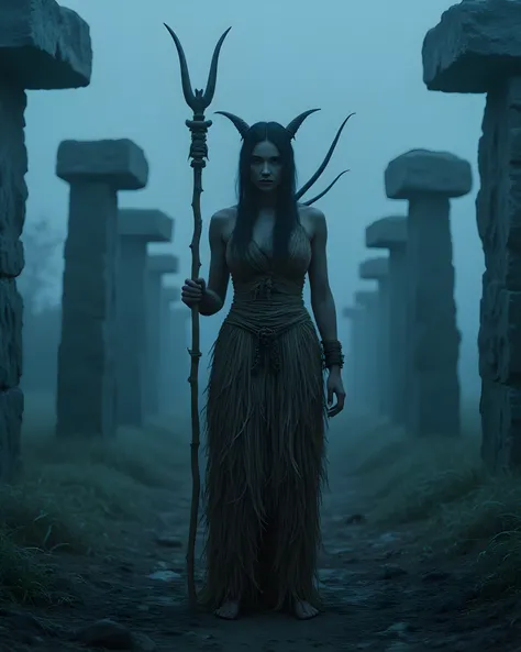 Primitive age era, (Stone primitive age era:1.6), ((Realistic cinematography ultra-wide depth intense details of realistically precise scenery cemetery bone tombs)),orderly bone Stonehenge tombs on the background,a detailed of female shaman witch,holding b...