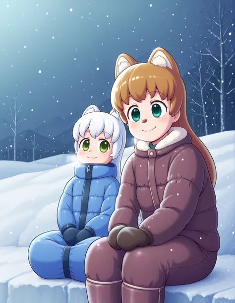 peanut butter,, anime, Alone, REST, Young girl fox, Thin and fragile, (small,beautiful:0.5), Green Eyes, costume looking at the spectator, long hair, white hair,  smile,  winter clothes, al aire libre,  winter,