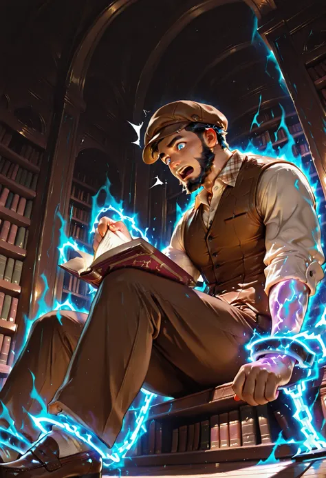 masterpiece, best quality, high resolution, ultra-detailed, very aesthetic, absurdres, solo, 1 male, black short hair, brown cabbie hat, blue eyes, thick eyebrows, beard, white plaid collared shirt with sleeves pushed up, buttons brown vest, brown pants, w...