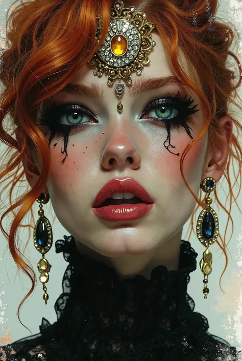 WLOP masterpiece, aerial overhead shot, 3/4 view, full face view, close up of a young ginger haired woman, action pose, open lips, dreamy gothic girl, empathic blue eyes, double exposure, elegant render, mistress, photoshop render, ebony rococo, elegant gi...