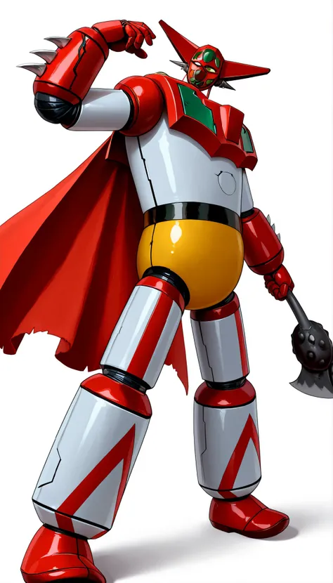Getter Robo、standing confidently、white background、(getter robo, super robot, mecha),axe,red cape、dynamic pose、red cloak、