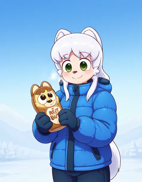peanut butter,, anime, Alone, REST, Young girl fox, Thin and fragile, (small,beautiful:0.5), Green Eyes, costume looking at the spectator, long hair, white hair,  smile,  winter clothes, al aire libre,  winter,