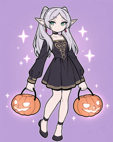 CartoonyIllustrious,Frieren,full body, long silver-lavender hair, wearing a short dark dress with gold trim, holding a small pumpkin lantern with both hands, calm neutral expression, pastel violet solid background with faint glowing stars, flat colors, bol...