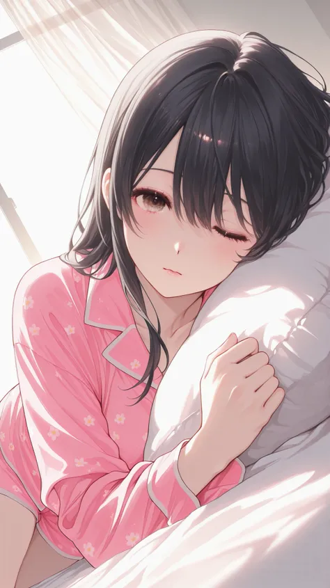 1 girl、The sun's sunlight shines through a gap in the curtain、Asahi、Bright morning sunshine、girl walking together is long black hair、Clothes are pajamas 、Sunlight illuminates the girl's sleeping face、The girl is sleeping、The girl is lying down