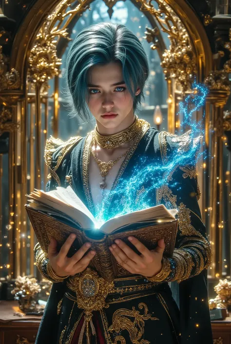The magical library in the golden birdcage、A man with beautiful light blue short hair and impressive big light blue eyes、A man in a luxurious fantasy costume、gorgeous necklace、gorgeous earrings、Luxurious Magic Circle、A beautiful man opens a magic book、The ...