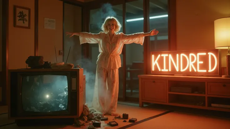 A hyper-realistic photograph in a dimly lit vintage Japanese living room with tatami mats, warm lamp light, and wooden furniture. The same young Japanese woman from the TV is now fully outside in reality, her entire body visible. She has fluffy blonde bang...