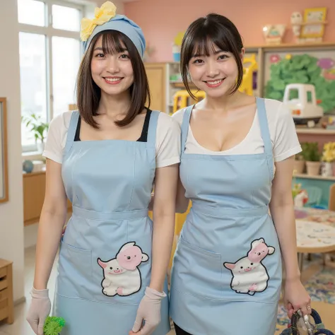 『顔and髪型の雰囲気が違う2people、日本people、35 year old woman 、1peopleはショートヘアー、Unprocessed Photo、美peopleではない普通の女性、realistic skin、no makeup、looking at the camera、they are smiling by showing their teeth:1.9』『Saggy Eyes、round face、real photos:1.3』Highest Quality:1.2、((Big...