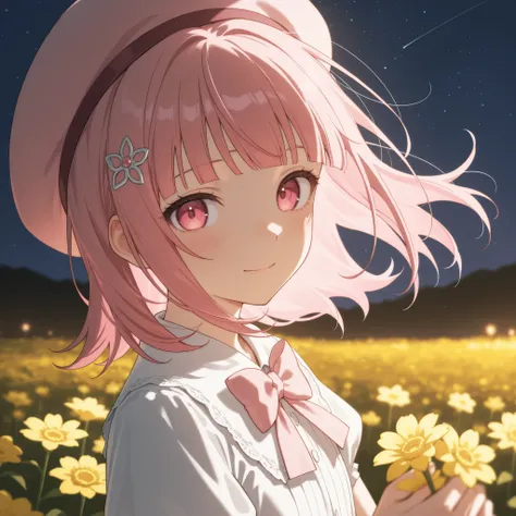 score_9, score_8_up, score_7_up, masterpiece, best quality, detailed face, 1 girl, solo, beautiful, flat chest, slender body, mature, light makeup, adorable, closed mouth, gentle smile,
chiaki nanami, blunt bangs, pink hair, hair ornament, medium hair, pi...