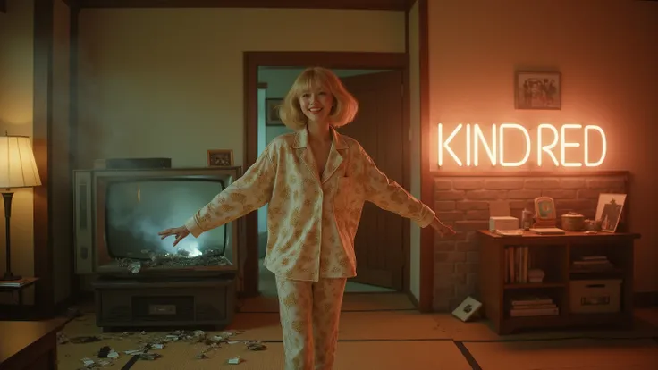 A hyper-realistic photograph in a dimly lit vintage Japanese living room with tatami mats, warm lamp light, and wooden furniture. The same young Japanese woman from the TV is now fully outside in reality, her entire body visible. She has fluffy blonde bang...